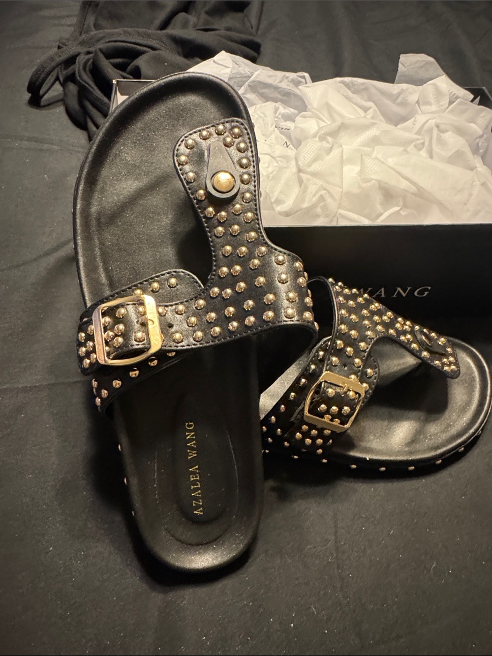Azalea Wang Black Studded Buckle Slide Sandals - Picture 3 of 3